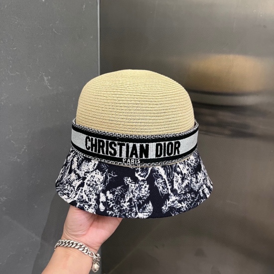 220240401 90Dior new straw hat, high-end customization, animal patterned sail fabric patchwork paper grass, excellent hat shape, foldable, head circumference 57cm black and white two colors