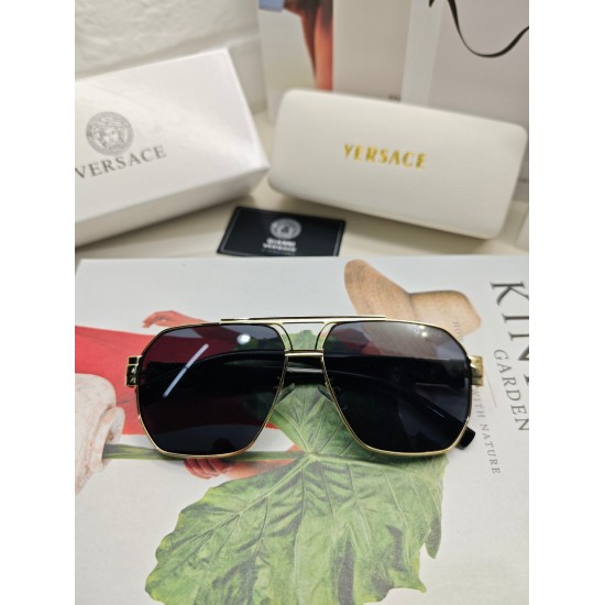 220240401 P90 Black Gold Versace Square Sunglasses with Concise Metal Style Gold Medusa Head Image with Three Dimensional Texture