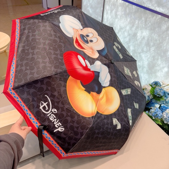 20240402 Special Approval 65 Coach, New Disney Co branded Three fold Automatic Folding Umbrella, Sunny Sunshade, Rainy Sunshade, Original Order OEM Quality with UV Protection Coating, Length 30cm, Easy to Carry Outside. 2 Colors