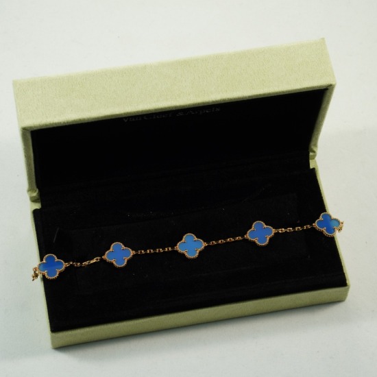 20240410 180 Batch High Version Vanke Yabao Blue Agate Bracelet VCA Au750 Rose Gold Chain Real Shooting High end Original Made of Pure Silver High Version Natural Stone Jewelry Family Vanke Yabao Five Flower Bracelet Five Four Leaf Clover Bracelet Multi c