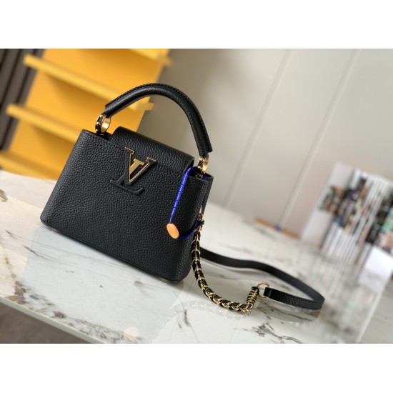 20231125 P1200 [Premium Original Leather M59709 Black Gold Buckle] This Capuchines mini handbag is made of bright Taurillon leather, interwoven and wrapped with a chain, showcasing exquisite craftsmanship. The chain can be easily removed or adjusted to ac