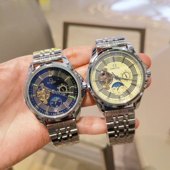 20240408 [Precision Steel Band with Ten Butterfly Buckles] White: 235 gold, all black, same price 245 Omega One OMEGA [color] Nine flywheel fully automatic sun, moon, and stars machinery ⌚ 6 character daytime travel time (sun) [sun] nighttime travel time 