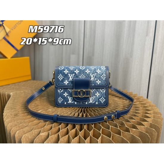 20231126 P640 small top original [Exclusive background] model M59716 denim blue model Dauphine small handbag is made of classic logo denim, which shows Louis Vuitton's unremitting pursuit of sustainable denim technology, and together with cow leather trim