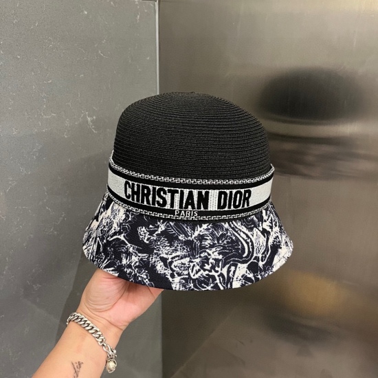 220240401 90Dior new straw hat, high-end customization, animal patterned sail fabric patchwork paper grass, excellent hat shape, foldable, head circumference 57cm black and white two colors