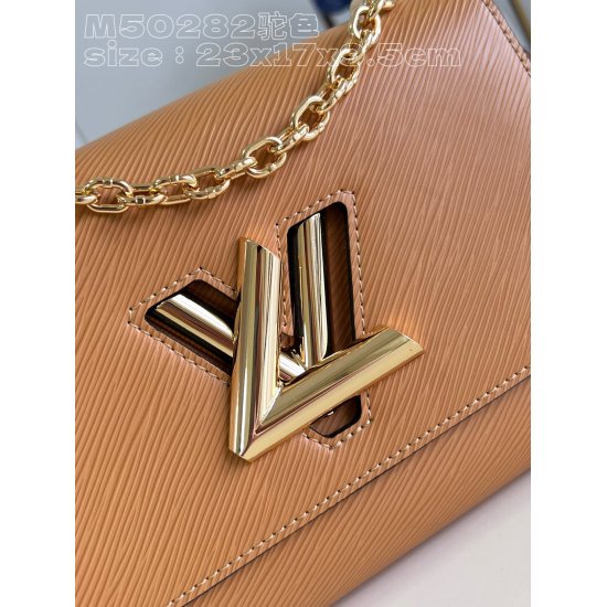 20231125 P1120 [Exclusive Real Shot M50282 Camel] This Twist Medium Chain Bag is made of iconic Epi leather and features a dazzling metal construction for the LV Twist twist lock. Short chain handles are suitable for evening occasions; Tie leather shoulde