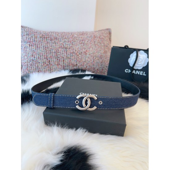 2023.08.07 Early Spring Show # Chanel Belt Classic Denim Blue Fabric Belt # Simple Waist Fold Versatile Hardware Retro Personalized Fabric Jin Belt 30mm Authentic Size Tomato Belt