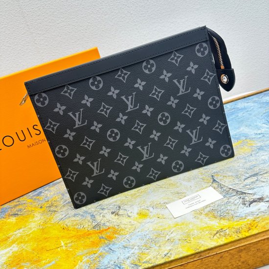 20230908 Comes with Box M61692 Black Flower POCHETTE VOYAGE Handbag, made from a brand new iconic black gray Monogram Eclipse canvas. This tough and stylish new Pochette Voyage Medium Handbag can easily store personal essentials. 27x 21x 5cm (length x hei