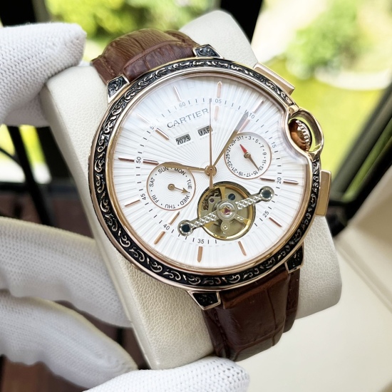 20240408 White Shell 670, Rose Gold Shell 690. [New Style Classic Hot Sale] Cartier Men's Watch Fully Automatic Mechanical Movement Mineral Reinforced Glass 316L Precision Steel Case with Genuine Leather Strap for Fashion, Leisure and Business Essential S