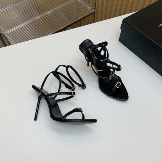 20240326 SAINT LAUREN * buckle strap high heeled sandals. Super invincible woman. The upper foot instantly transforms into a goddess. Material: Customized embossed cowhide, sheepskin foot pads. Imported genuine leather outsole. Heel height 10cm, size: 35-