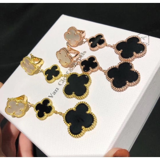 20240410 p120 xx797 VCA Fanjia Yabao Three Flower Clover Earrings Long style Earrings, High end 925 Sterling Silver Plated with 18k True Gold, Inlaid with Natural White Fritillaria and Black Agate, with top-notch craftsmanship and original lettering on th