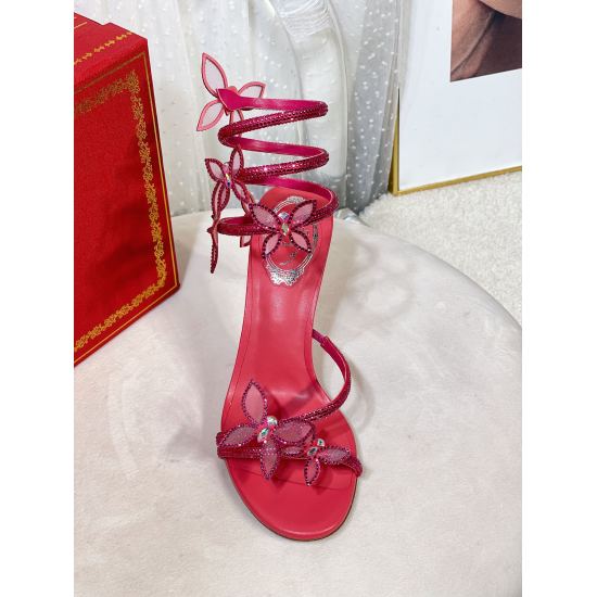 2023.12.19 400 Top Edition R ᴇ ɴ ᴇ C ᴀᴏᴠ ɪʟʟ ᴀ | 2023 RC MARGOT series, original development, fairy butterfly snake shaped lace up crystal high heels for women's sandals, iconic spiral snake shaped lace up new version, thin gauze butterfly rhinestone inla
