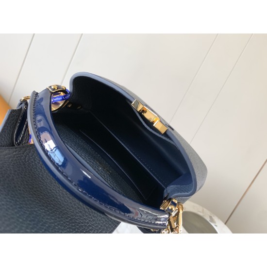 20231125 P1200 [Premium Original Leather M80239 Blue] This Capuchines mini handbag is made of full grain Taurillon cow leather, engraved with LV letters in Monogram flowers that resemble jewelry and connected to a sparkling chain. The leather handle and L