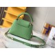 20231125 P1200 [Premium Factory Leather M59709 Apple Green Gold Buckle] This Capuchines mini handbag is made of bright Taurillon leather, interwoven and wrapped with a chain, showcasing exquisite craftsmanship. The chain can be easily removed or adjusted 