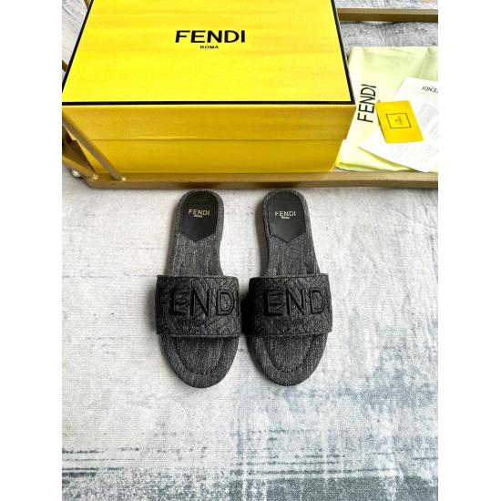 20240403 P rubber sole 160 (customized leather sole 190) Fenjia's latest popular model, wide strap flat bottom slippers, imitation blue denim material with stitching FF pattern embroidery Size: 35-42
