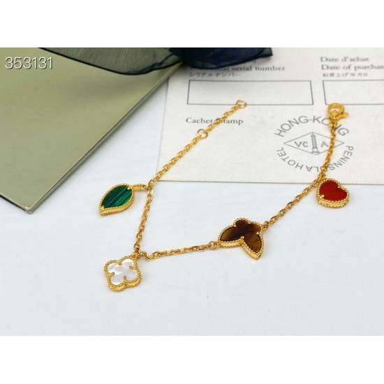 20240410 P100 VCA Van Cleef Arpels Four Flower Bracelet Red Chalcedony, Tiger Eye Stone, White Fritillaria, Malachite 4 Flower Bracelet, Symbolizing Nature, Combining Multiple Colors and Different Shapes of Patterns, Including Hearts, Butterflies, Leaves,