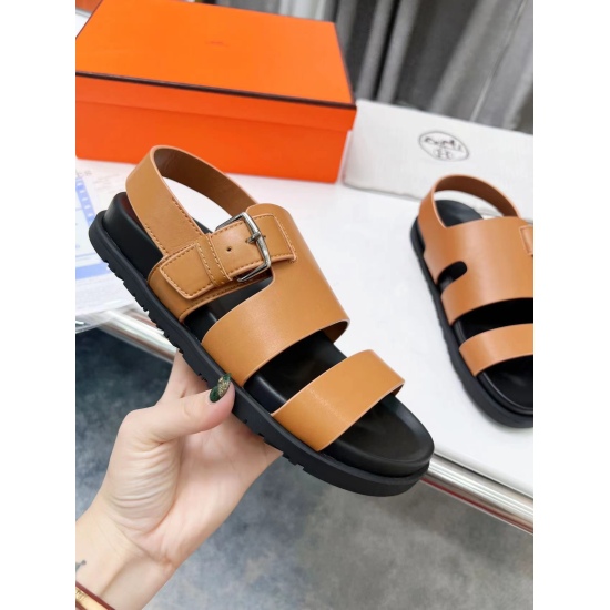 20240414 180. Men's version+10. Hermes ❤️ Male and Female Same Style Spring/Summer New Uncle Sandals with Strength Attacking Internet Celebrity Imported Cowhide ➕ Sheepskin~Casual Versatile Simple Instagram on Xiaohongshu Many internet celebrities are pla