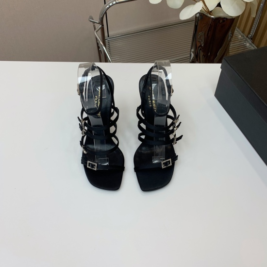 20240326 SAINT LAUREN * Letter Buckle High Heel Sandals. Turn into a goddess in seconds, super versatile. Customized imported silk upper with sheepskin foot pads. Imported genuine leather outsole. Heel height of 10cm. Size: 35-39 (40 customized without re