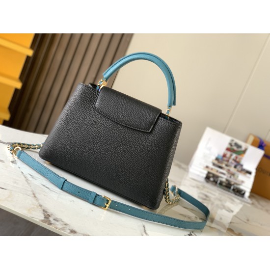 20231125 P1300 [Premium Original Leather M59653 Black with New Blue Gold Buckle] This Capuchines BB handbag showcases a modern aura with Taurillon leather. Its leather woven chain can be easily removed or adjusted, allowing for easy switching between shou