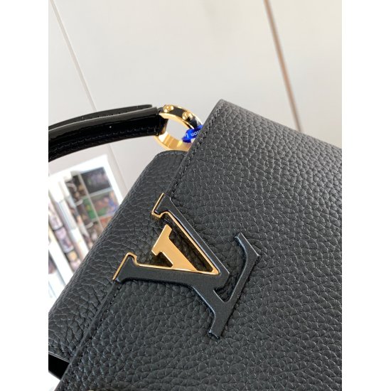 20231125 P1200 [Premium Genuine Leather M80239 Black] This Capuchines mini handbag features full grain Taurillon cow leather, engraved with LV letters in Monogram flowers that resemble jewelry and connected to a sparkling chain. The leather handle and LV 