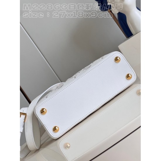 20231125 P1620 [Exclusive live shot M22863 white embroidery/small size] This Capuchines BB handbag was created by Nicolas Ghesquire and highlights the LV Broderie Anglaise theme of the brand's early autumn 2022 collection. The cow leather bag is embellish