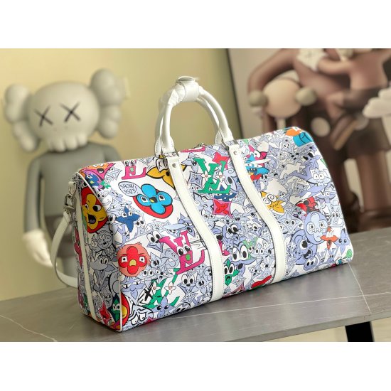 20231125 840! The M21863 Keepall Bandoulire 50 travel bag transforms into a cartoon image depicting a Monogram pattern on the canvas surface, presenting rich emotions of sadness or joy in Monogram flowers and LV letters. The top handle and side straps are