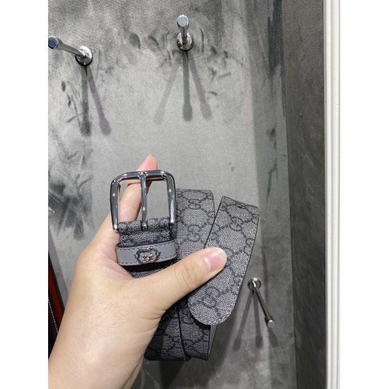 Gucci 673921 FABY3 Grey Supreme PVC Old Flower Imported Bottom Width 3.5cm Leather Loop Sewn Stereoscopic GG Hardware Accessories Square Simple Needle Buckle