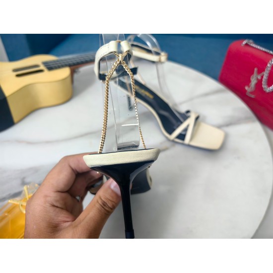 20240403 280 [Saint Laurent] Saint Laurent, slim cat heel square sandals 2023 early autumn counter synchronized with the latest models, YSL, gold-plated chain shoes, classic and beautiful decoration, masterpiece counter hottest spring and summer collectio