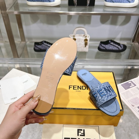 20240407 FENDI's latest best-selling item, wide strap flat bottom slippers, distressed blue denim material decorated with FF pattern embroidery, size 35-42, rubber sole 180, real leather sole 210