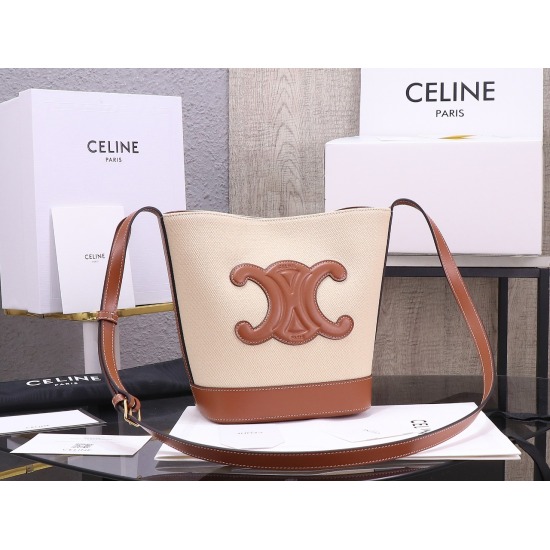 20240315 [Premium Quality All Steel Hardware] P91023s New Product | CELINE CUIR TRIOMPHE Small Striped Fabric Cowhide Bucket Bag 23s New Fabric Series | Continuing Classic, Striped Fabric Paired with Stereoscopic Triumphal Arch Logo for Renewal, Low key a