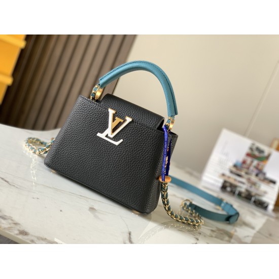 20231125 P1200 [Premium Original Leather M59709 Black with New Zhonglan Gold Buckle] This Capuchines mini handbag is made of bright Taurillon leather, interwoven and wrapped with a chain, showcasing exquisite craftsmanship. The chain can be easily removed