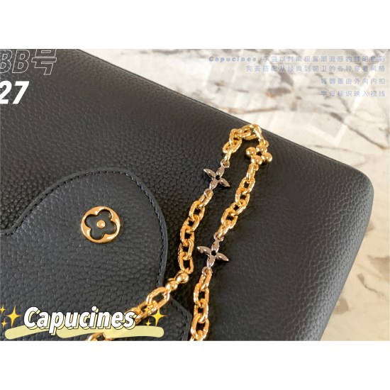 20231125 P1300 [Premium Original Leather M59065 Black] This Capuchines BB handbag is made of full grain Taurillon cow leather, engraved with LV letters in Monogram flowers that resemble jewelry and connected to a sparkling chain. The leather handle and LV