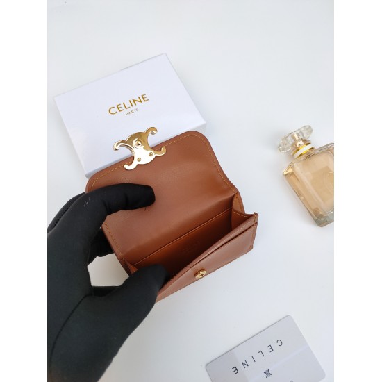 20230908 CELINE's latest TRIOMPHE cowhide flip card bag, gold finish, snap closure, model number: 101583 Size: 10.5 * 7cm