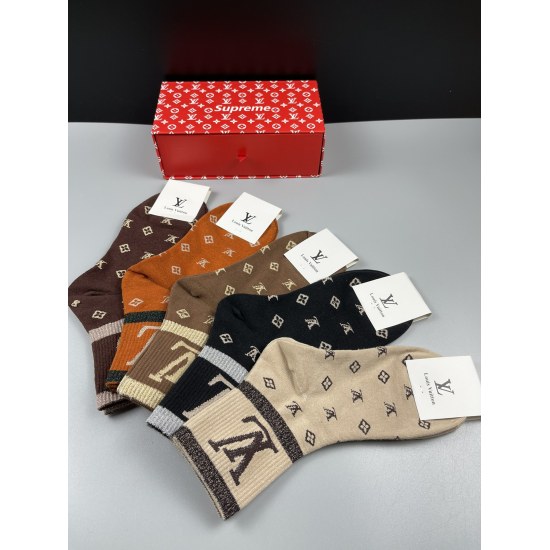 2024.01.22 New Louis Vuitton LV Boutique Box Socks [Smart] Design Fashionable, Pure Cotton Quality, 5 Pairs in One Box