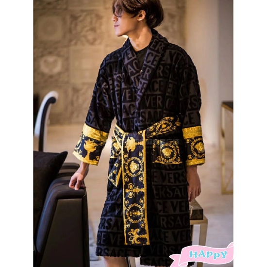 2024.01.22 Versace pure cotton black bathrobe material: imported Egyptian cotton yarn cut velvet jacquard