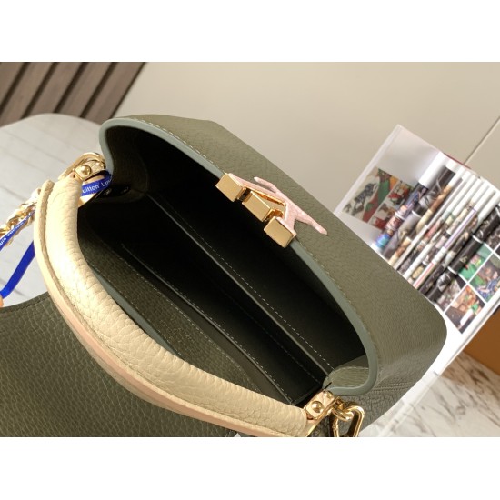 20231125 P1200 [Premium Original Leather M59709 Olive Green with Rice White Gold Buckle] This Capuchines mini handbag is made of bright Taurillon leather, interwoven and wrapped with a chain, showcasing exquisite craftsmanship. The chain can be easily rem
