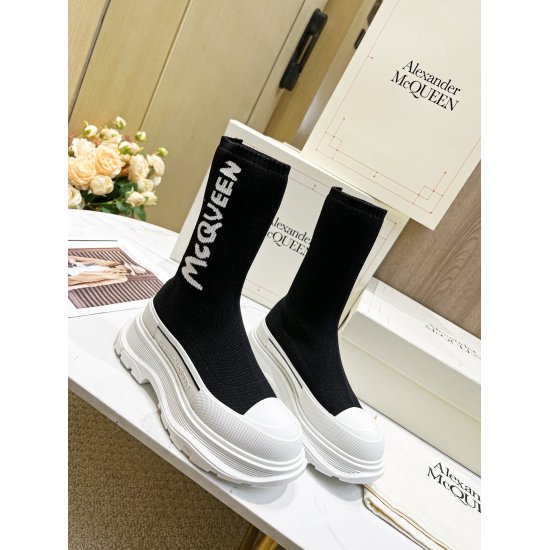 20240403 Alexander McQueen Maikun autumn and winter new thick soled socks and shoes, original 1:1 development, large sole original film open TPU sole, fabric 1:1 original development, black, black and white, white, gray, apricot, five colors available, si