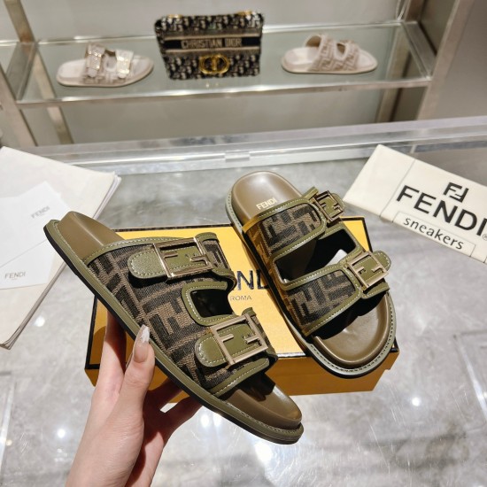 20240407 FENDI's latest popular double strap flat bottom slippers with FF decorative buckle, decorated with FF patterned jacquard fabric and light brown leather edges, sizes 35-45