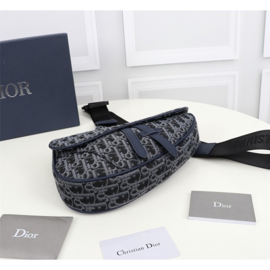 20231126 510 Dior Men's Saddle Bag with Authentic Matching Box Model: 1ADPO093 (Blue Cloth Jacquard) Size: 20 * 28.6 * 5cm Physical Photo, Same as Goods Heavy Gold Authentic Printing Reproduction Imported Apricot Cloth Jacquard Fabric with Original First 