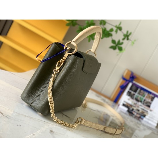 20231125 P1300 [Premium Original Leather M59653 Olive Green with Rice Platinum Buckle] This Capuchines BB handbag showcases its modern style with Taurillon leather, and its leather woven chain can be easily removed or adjusted, allowing for easy switching
