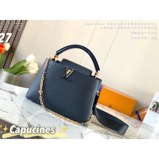 20231125 P1300 [Premium Original Leather M59065 Royal Blue] This Capuchines BB handbag is made of full grain Taurillon cow leather, engraved with LV letters from Monogram flowers that resemble jewelry and connected to a sparkling chain. The leather handle