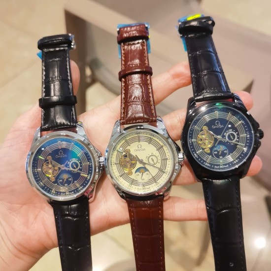 20240408 [Genuine leather strap with ten pairs of butterfly clasps] White 230, all black 235, Omega One OMEGA [color] Nine flywheel fully automatic sun, moon, and stars machinery ⌚ 6 character daytime travel time (sun) [sun] nighttime travel time (moon) [