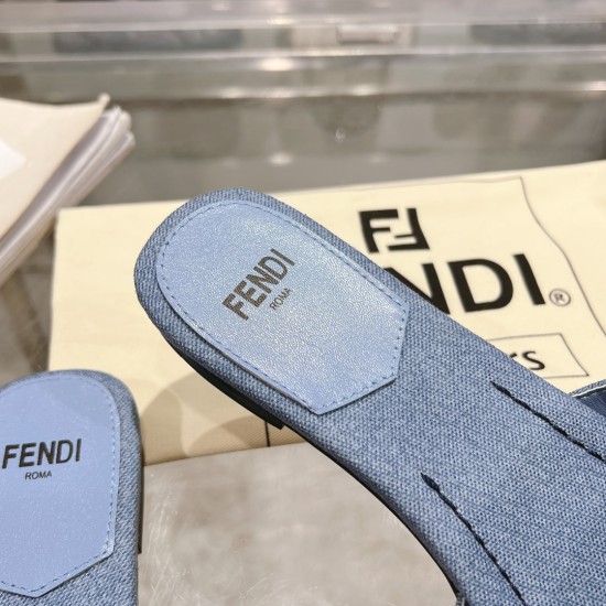 20240326 FENDI's latest best-selling item, wide strap flat bottom slippers, distressed blue denim material decorated with FF pattern embroidery, size 35-42, rubber sole 180, real leather sole 210