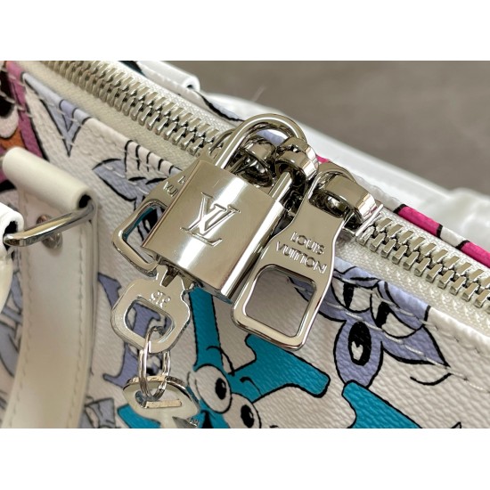 20231125 840! The M21863 Keepall Bandoulire 50 travel bag transforms into a cartoon image depicting a Monogram pattern on the canvas surface, presenting rich emotions of sadness or joy in Monogram flowers and LV letters. The top handle and side straps are