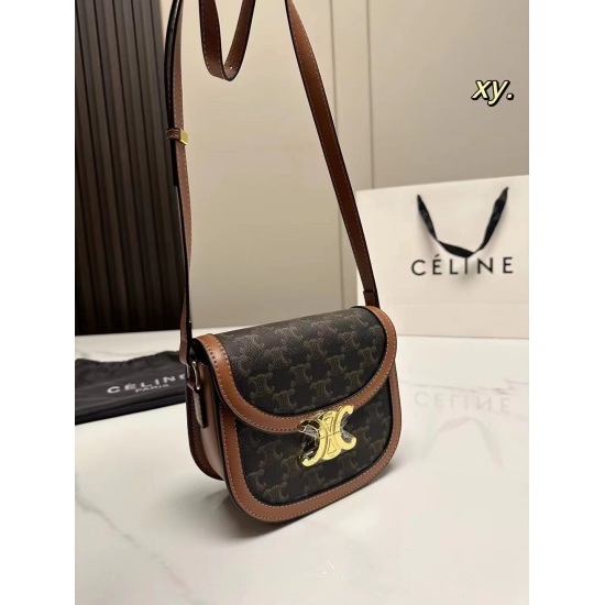 2023.10.30 P190 (Folding Box) size: 1714Celine New Celine Arc de Triomphe Saddle Bag Vintage Print Pattern, Round Corners~Metal Arc de Triomphe Switch, Can be Shouldered or Crossed Small and Lightweight, Lazy and Easy to Follow