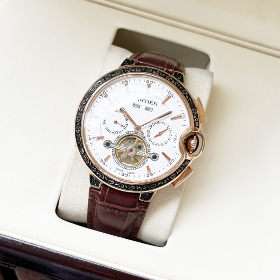 20240408 White Shell 670, Rose Gold 690. 【 New Design Elegant and Elegant 】 Cartier Men's Watch Fully Automatic Mechanical Movement Mineral Reinforced Glass 316L Precision Steel Case with Genuine Leather Band Exquisite Flywheel Business and Leisure Size: 