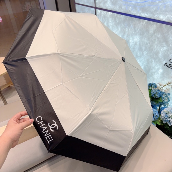20240402 Special Approval 65 CHANEL (Chanel) Classic Splicing Three Fold Automatic Folding Sun Umbrella Selected Taiwan Imported UV Anti UV Umbrella Fabric Original Order OEM Quality 2 Colors