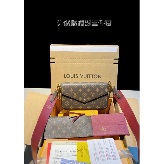 2023.10.1 Upgraded Three Piece Set P230LV Louis Vuitton FELICIE Chain Bag Envelope Three in One Woc Five Piece Set One Shoulder Crossbody Handbag Size: 21 * 12 * 3CM Paired with 2 Shoulder Straps, 1 Card Bag, 1 Zero Wallet ⚠ Accurate flower matching, high