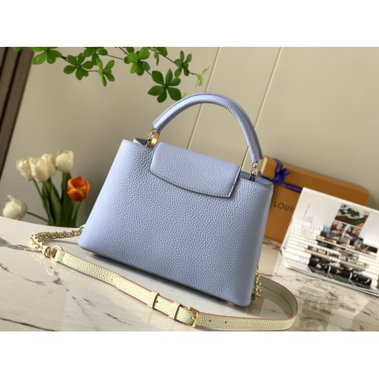 20231125 P1300 [Premium Original Leather M59653 Light Pink Blue with Rice Platinum Buckle] This Capuchines BB handbag is made of Taurillon leather to showcase its modern style. Its leather woven chain can be easily removed or adjusted, allowing for easy s