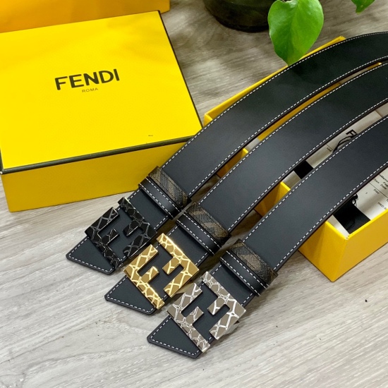 20231004 FENDI (Fendi) counter with the same width of 4.0CM, double loop front and back, belt with FF button buckle, dual color Cuoio Romano leather material, reverse fabric with tobacco yellow and black FF patterns, black enamel metal finish, fashionable