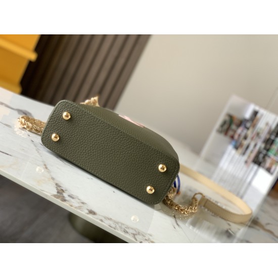 20231125 P1200 [Premium Original Leather M59709 Olive Green with Rice White Gold Buckle] This Capuchines mini handbag is made of bright Taurillon leather, interwoven and wrapped with a chain, showcasing exquisite craftsmanship. The chain can be easily rem